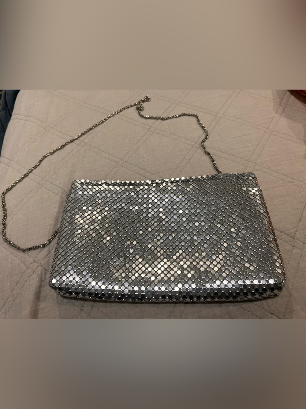 Vintage Silver Mesh Evening Bag Metal Chain Strap